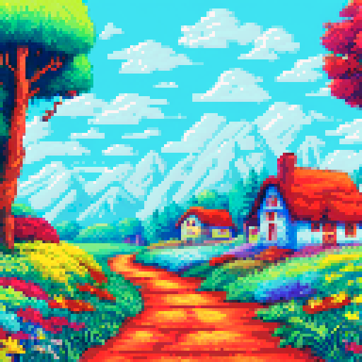 cute, colorful cottage nestled amidst a vibrant field of wildflowers, pixelated in sRGB, showcasing a picturesque landscape with a charming background