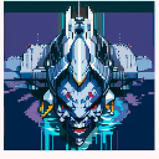 battleship with sleek design, hovering above calm waters, two massive guns protruding from its sides, pixel art style with vibrant colors, detailed shadows, and crisp lines