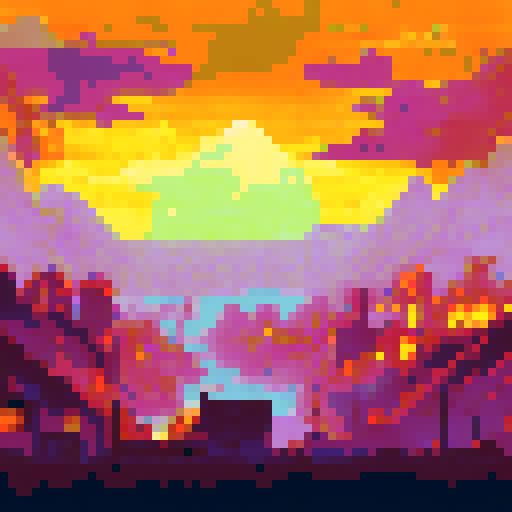 apocalyptic village on fire, burning houses, raging flames, smoke-filled sky, charred debris, crumbling buildings, panicking villagers, fleeing figures, ominous dark clouds, glowing embers, sparks flying, orange and red hues, pixelated landscape, sRGB color palette, pixel art style; 16:9 ratio