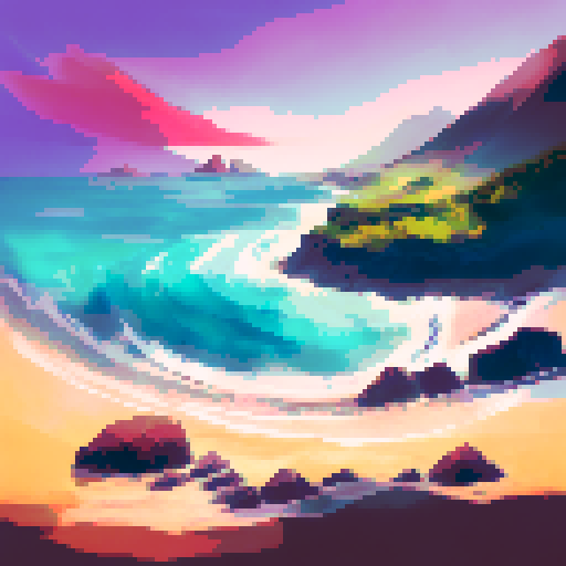 Ocean waves crashing against golden sands, a vibrant orange and pink sky stretching across the horizon, a serene seascape at sunrise, a picturesque landscape portrait of the ocean front