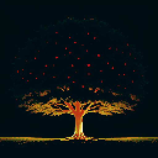 gigantic towering oak tree viewed from afar, nighttime setting, vast black sky with white stars, nostalgic feel, sega genesis style