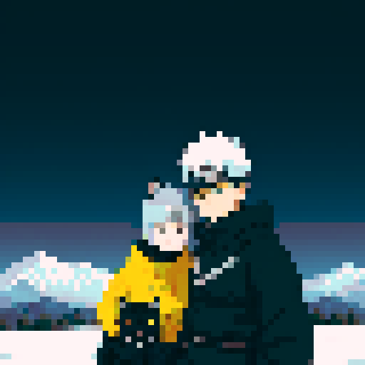 Hatake Kakashi with a black cat with yellow eyes on his shoulders in between towering, snowy mountains