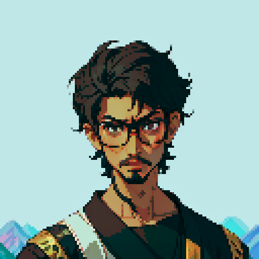 Southeast Asian man, short curly hair, round glasses, tanned, goatee, diamond shaped face, black eyes, wearing a robe