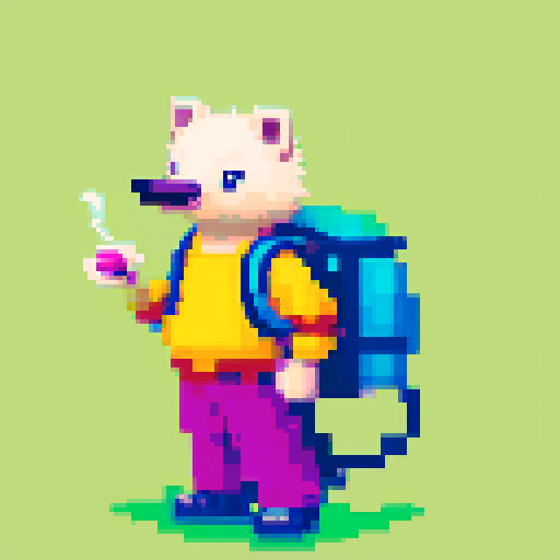 antropomorphic hedgehog with backpack and smoking pipe