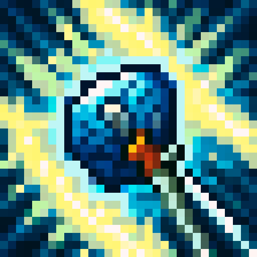 icon sword, vibrant blue, pixelated, game icon, skillfully crafted, intricate details, 32x32 pixels, sRGB colors, close-up view, portrait style, dynamic shading, glossy finish