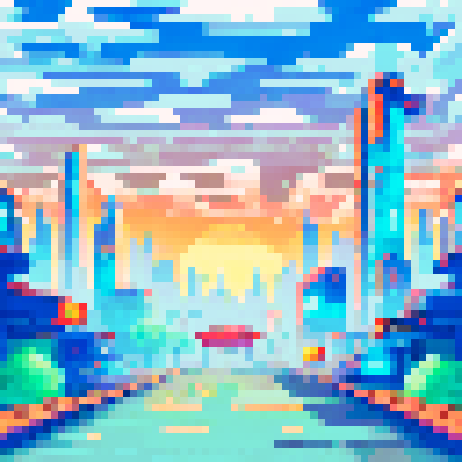 Red City, towering skyscrapers, futuristic architecture, glowing neon signs, bustling streets, Martian landscape, red sand dunes, crimson sky, pixelated buildings, vibrant colors, sRGB palette, sci-fi metropolis, otherworldly atmosphere,  digital art style