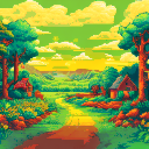 pastoral landscape, fields (yellow), sunset, no mountains in background