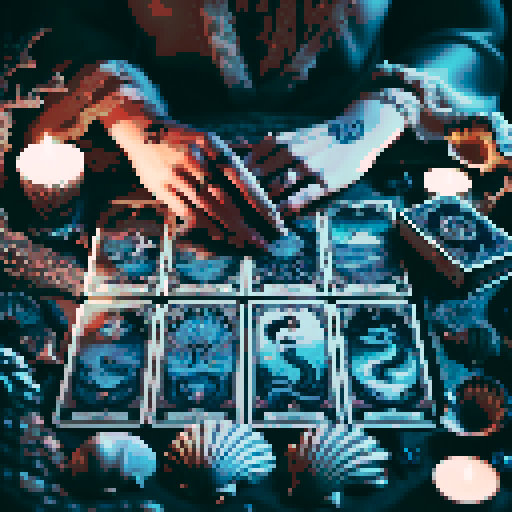 A close-up of a woman's hands over a table during a tarot card reading in a medieval dark style. The table is adorned with elements of the ocean such as sea shells, sand, and small pieces of coral. The atmosphere is mystical and dimly lit, with candlelight casting shadows that enhance the eerie and magical mood. The woman's hands are gracefully poised over the cards, which also have oceanic designs like waves and mermaids.