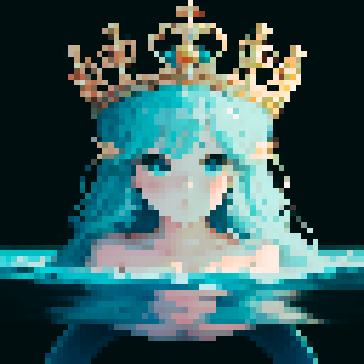 Create a close-up image of a mermaid with a crown, partially submerged underwater. Half of her face is above the water's surface, revealing her beautiful features. The underwater portion of her face should show her aquatic beauty, with the serene, mysterious ambiance of the ocean surrounding her. The crown should have an ethereal, shimmering quality, adding to her majestic presence.