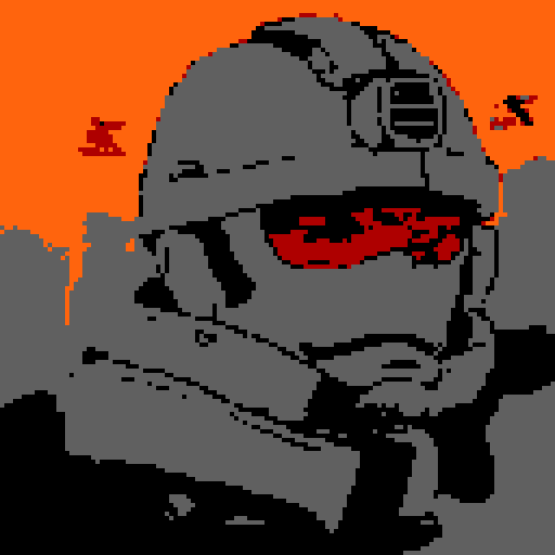 A soldier with inspirations taken from a space marine with gray armor and a few orange elements with a visible swat helmet and visor with light reflecting on it. The soldier is supposed to face slightly to the left side just like in the image referenced and so it looks like a dialogue box portrait icon from any kind of RPG. Make so that the source light of the portrait is slightly above and to the left of the soldier, do not make the lighting too realistic, retain cartoony elements.