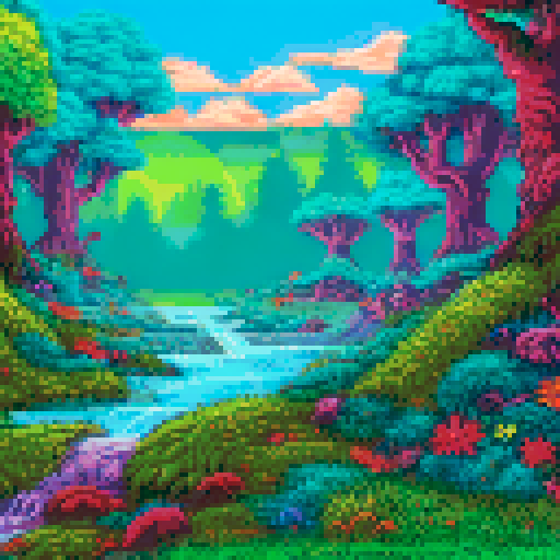 fantastical creature, vibrant colors, towering trees, radiant sunlight, whimsical flowers, babbling brook, moss-covered stones, magical mist, enchanting fireflies, cascading waterfall, mystical ruins, ancient totem, hidden treasure, sparkling dewdrops, ethereal glow, playful woodland creatures, swirling vines, floating islands, shimmering rainbow