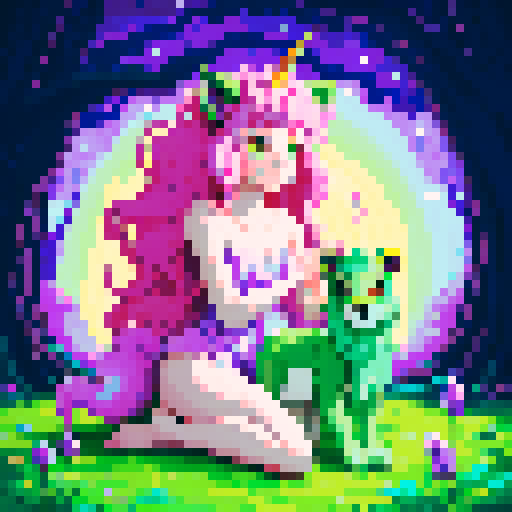 wild faun-unicorn woman, vibrant colors, playful demeanor, forest guardian, full body with a lion tail, emerald greens, pastel lavender purples, bathed in moonlight 