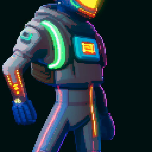 cyberpunk space trader sprite, pixel art, futuristic design, cybernetic arm with intricate detailing, glowing yellow-orange visor over the eyes, trench coat with glowing lines, blue and teal color palette with neon pink and yellow accents, distinct sci-fi aesthetic, confident posture, mid-step with arms extended