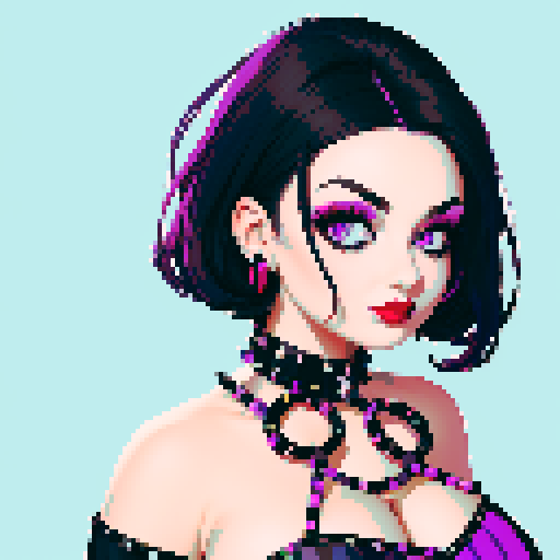 curvy, cute busty goth woman's face, whole head portrait, black hair, purple eyeshadow, red lipstick, low cut black  halter top, studded collar, vibrant sRGB colors, 