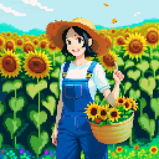 happy, female male farmer in pixel art style, black hair, surrounded by vibrant green fields, wearing worn-out denim overalls and a straw hat, holding a basket full of freshly harvested carrots and a bouquet of sunflowers, with a content smile on his face, standing next to a rustic wooden cart filled with colorful fruits and vegetables