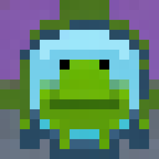 Green, chubby, smiling frog with bulging eyes and a round belly, sitting on a lily pad against a blue background, rendered in pixel art style with a close up portrait framing, perfect for a game icon or a 16x16 badge