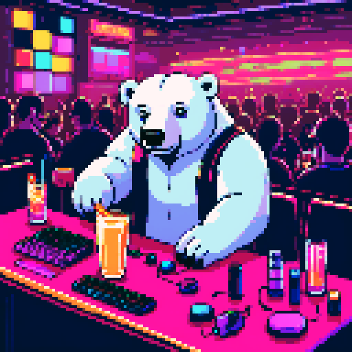 "An 8-bit pixel art of a polar bear in a vibrant nightclub, surrounded by flashing neon lights and a pulsating dance floor. The bear, wearing gold chains, sunglasses, and a snapback, holds a glowing drink in one paw while stacks of crypto coins and a tablet with trading charts sit on a VIP table nearby. The background features a DJ booth, laser lights, and a lively crowd, blending the high-energy club atmosphere with a flashy crypto mogul vibe."