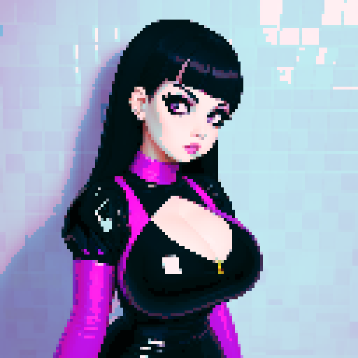 curvy, busty goth girl, close up face glamour shot, PVC clothing,  modern tile backsplash, vivid colors, pixel art, sRGB