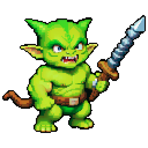 A larger, more ferocious goblin with bulging muscles, heavy armor, and a massive weapon. It has wild eyes and a frenzied expression, ready to charge into battle. No background.
