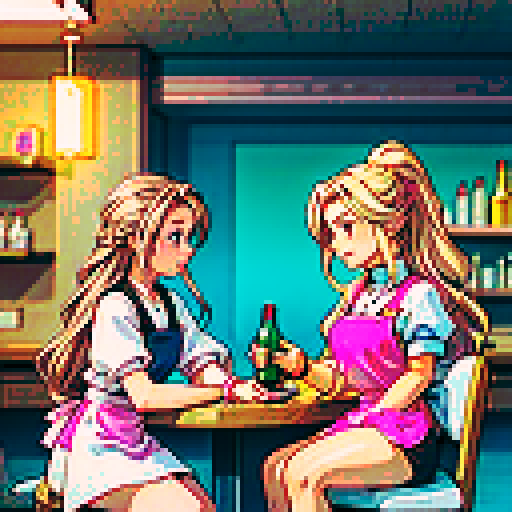 A nail tech with long blonde hair wearing a pink apron and a girl with brown hair sitting and facing each other at a table in a nail salon. Nail polish bottles and UV lamps