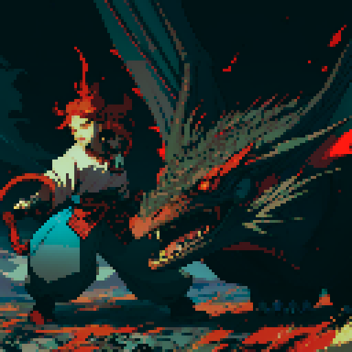 red dragon, fiery scales, sharp claws, fierce expression, towering presence, detailed pixel art, vibrant colors, textured scales, intricate patterns, glowing eyes, majestic wings, powerful tail, smoke billowing from nostrils