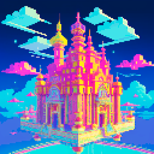 floating palace in the sky, vibrant colors, intricate details, isometric view, low resolution, retro aesthetic, 8-bit graphics, neon lights, glowing windows, billowing clouds, multi-tiered structure, fantastical architecture, whimsical atmosphere, towering spires, ethereal glow