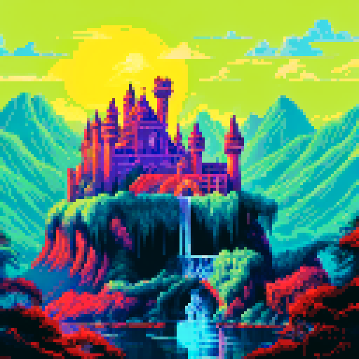 Gothic castle looming over misty mountains, surrounded by lush forests and cascading waterfalls, with a moat filled with shimmering blue water and a grand entrance adorned with golden gates