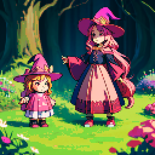 cute witch, long pink hair, staff, witch's hat, witch's dress, pixel art style, sRGB