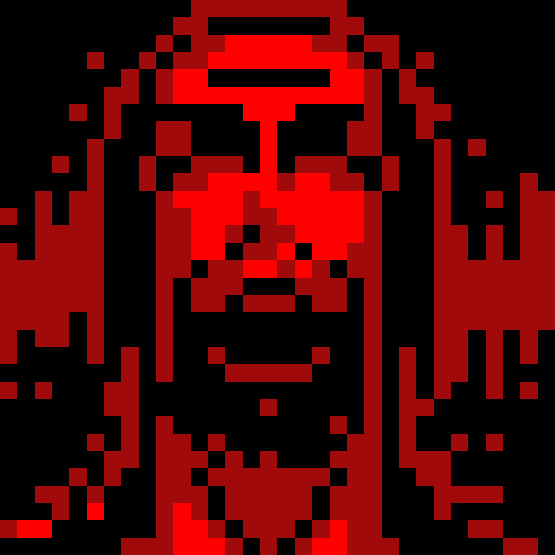 Psychosis, distorted facial features, vibrant colors, pixelated details, sRGB palette, close-up shot, skill art, intense gaze, game icon, 32x32 pixel art, close-up portrait