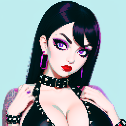 curvy, sweet goth girl with black hair, purple eyeshadow, and red lipstick, wearing a bikini, studded collar, in a glamour shot, sRGB color