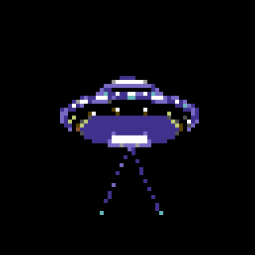 wide, silver flying saucer, with small yellow glowing lights, viewed from below at an angle