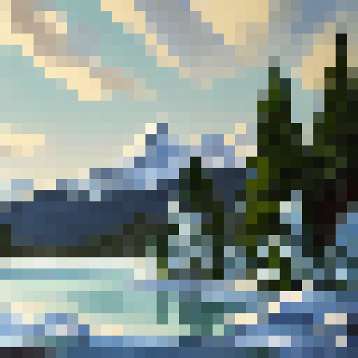 Frozen lakeside in Bob Ross style, towering snow-capped mountains in the background, pine trees with snow-laden branches, and a cozy cabin by the water's edge.