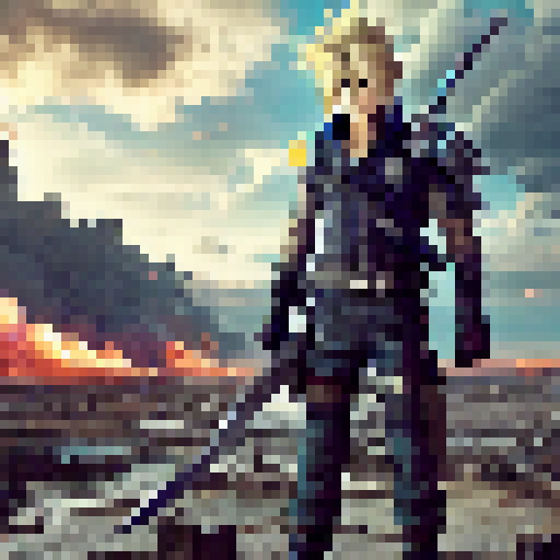 "Cloud Strife, wielding his massive Buster Sword, charges through a post-apocalyptic wasteland surrounded by towering ruins and glowing embers of destruction, his spiked blonde hair whipping in the wind as he prepares for battle."