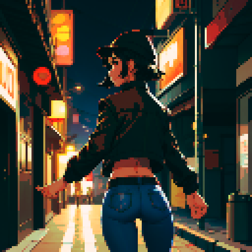 Night city street light background, young girl, short black hair, brown jacket, black jeans, beige hat, running, turn back, view from the back