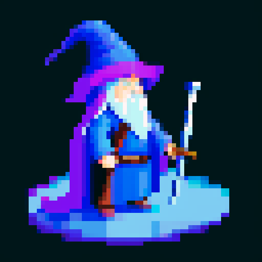Wizard, pointy hat, sword and staff, long robe, think Gandalf