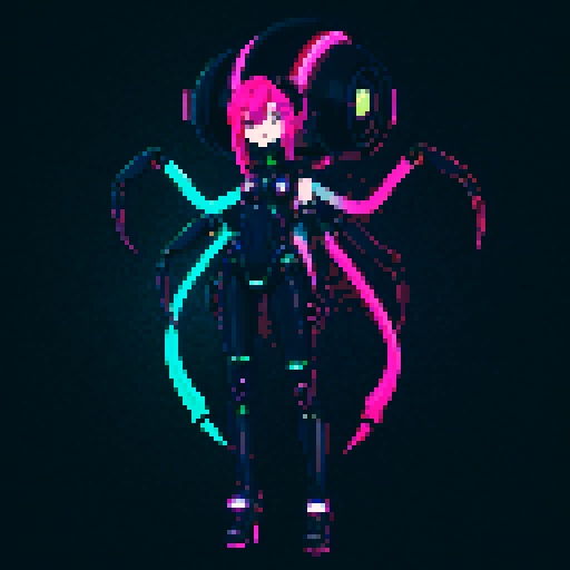 full body cute cyberpunk scorpion with human head, human head is from anime inspired character with vibrant hair, expressive eyes, and a playful smile