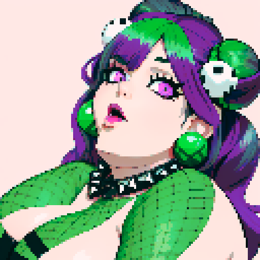 Nude portrait of thicc, curvy, and busty goth babe with studded collar, long purple hair in buns, fishnet stockings, studded haltertop, sRGB color