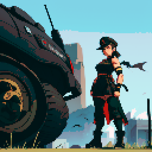 full-body image, muscle girl, female, thick biceps, big shoulders, big fists, muscular physique, thick waist, facing left, ready to fight, exaggerated proportions, black military uniform, black hat, military backdrop, sRGB, pixel art, army behind her, military behind her, army in background, army, soldiers, evil, dark, evil soldiers, black uniforms, destroyed town, battlefield