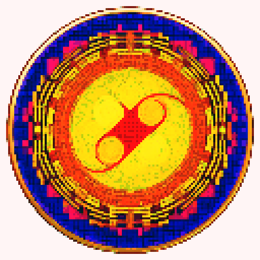 A coin with a shimmering, intricate, and vibrant infinite logo, rendered in pixel art with vivid sRGB colors