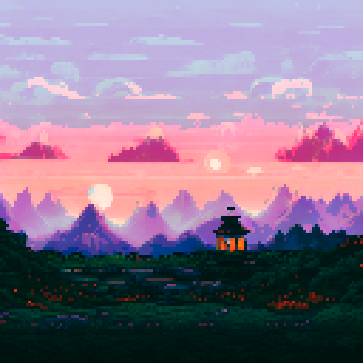 lantern light, shimmering glow, rustic wooden lantern, flickering flames, illuminating a tranquil garden, vibrant pixelated flowers, towering mountains in the distance, serene moonlit sky, sRGB color palette, detailed pixel art, immersive background, picturesque landscape