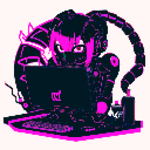 cute cyberpunk scorpion with human head, human head is from anime inspired character with short pink hair, expressive eyes, a playful smile, and a mouth mask, scorpion is playing computer games, tables with coca cola, scorpion's tail should be fully in the picture