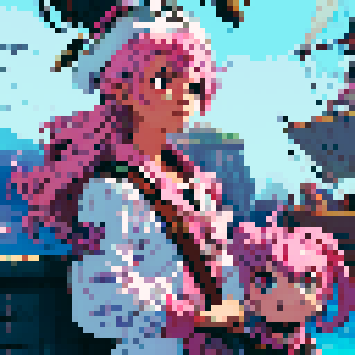 female pirate captain with pink hair, white frilly shirt, captain's hat, holding flintlock pistols, on the bow of her ship, looking defiant, against sinister albatrosses, crabs, deep sea creatures, pixel art