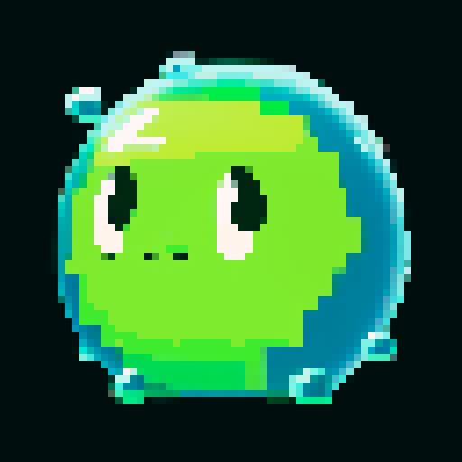 A larger, more formidable amorphous blob with a thicker, more opaque green body. It has bigger eyes and a wider smile, with more bubbles inside. No background.
