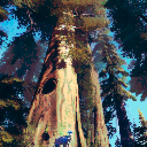 male adult, grey jacket, enormous sequoia tree, majestic, snowy sequoia forest, pixel art, sRGB