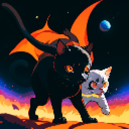black cat with orange eyes, wandering through galaxies and space, surrounded by planets and comets