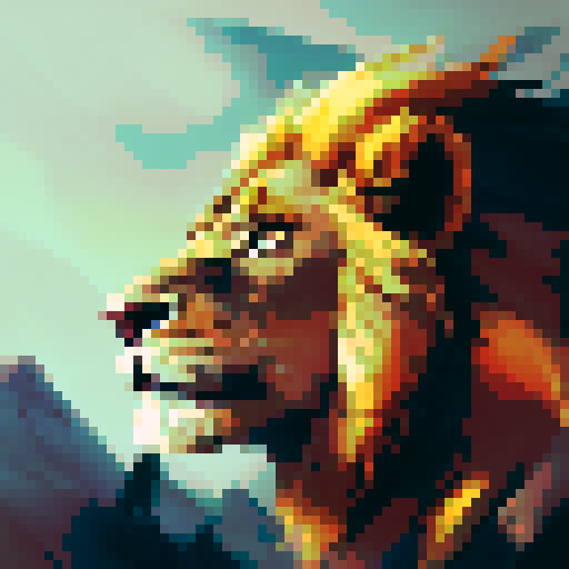 lion, majestic, mane flowing, golden fur, fierce gaze, rugged terrain, vast savannah, distant mountains, dramatic sky, surreal colors, ethereal light, soft brushstrokes, detailed features, textured background, captivating composition