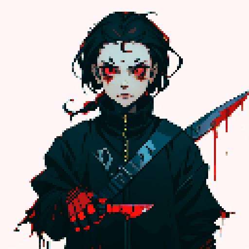 Michael Myers, dark silhouette, looming presence, blood-red eyes, pixelated horror, sRGB color palette, chilling atmosphere, knife-wielding figure gold