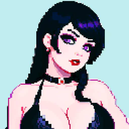 curvy, cute goth girl with black hair, purple eyeshadow, and red lipstick, wearing a bikini, in a glamour shot, with pixel art and sRGB style