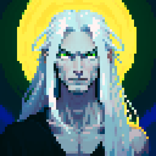 haldirian, tall and lithe, with flowing silver hair like liquid moonlight, framed by a battle-worn face, his piercing emerald eyes reflecting fierce determination, showcasing his magical prowess, in pixel art style with sRGB colors