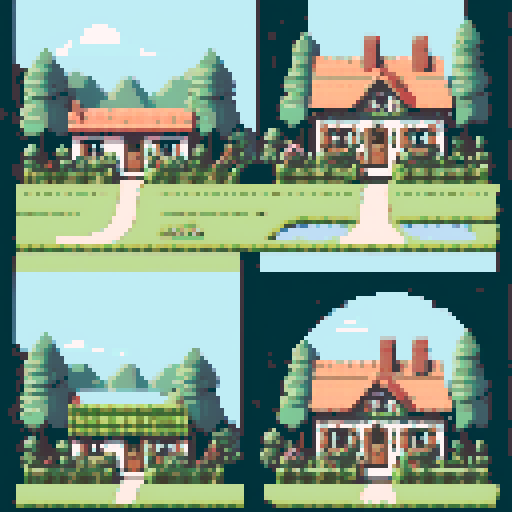 2-bit pixel art a grid of 4 circular illustrations of cottagecore style cottages with gardens